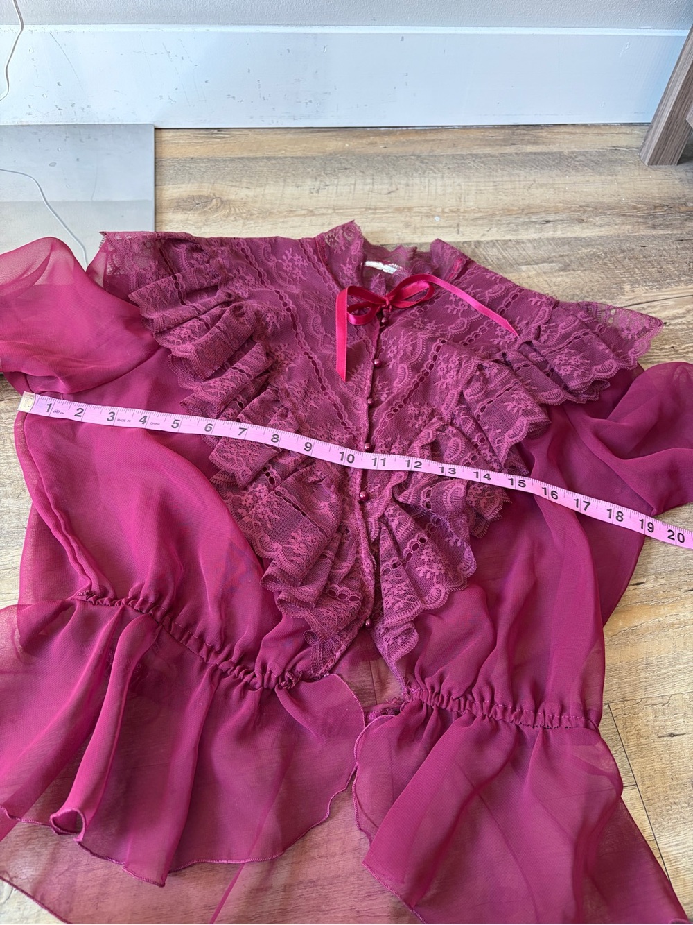 Vintage Maroon Sheer Victorian Ornamental Lace Ruffle Blouse *See Measurements* - Picture 5 of 10